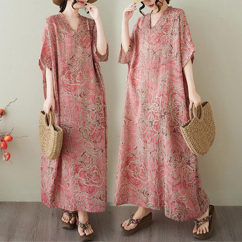 Dimanaf 2025 Summer Plus Size Dress Women Casual V-Neck Vintage Shirt Dress Loose Basic Printing Linen Dress