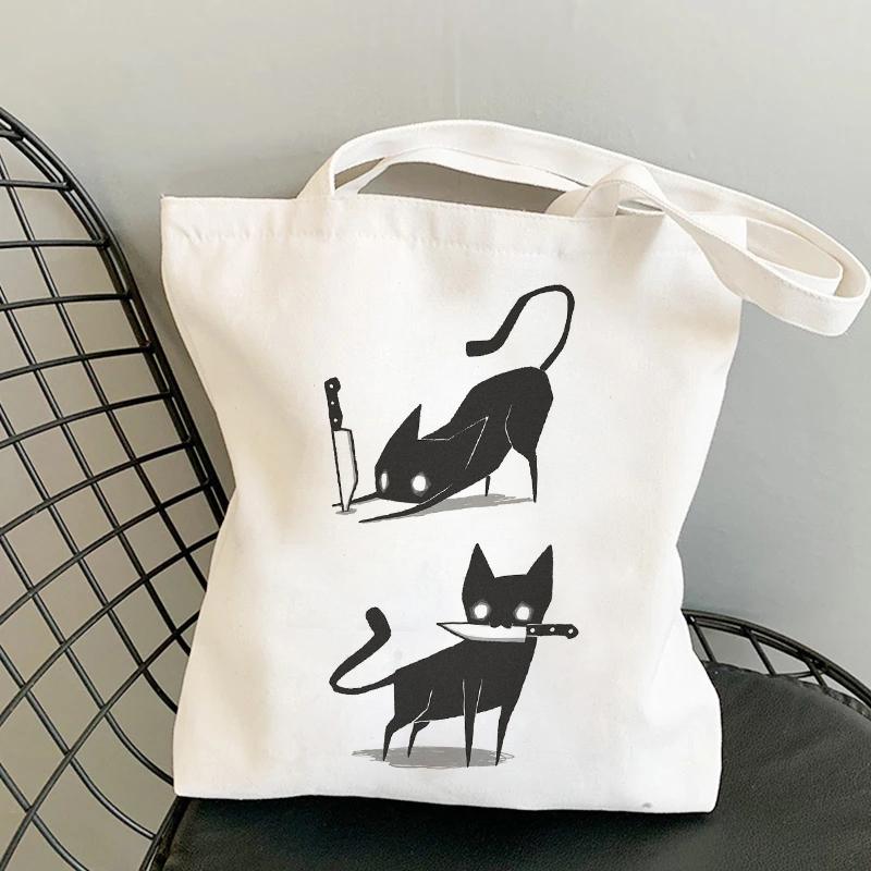 Cat Shopping Canvas Womens Bag Casual Large Capacity Shoulder Bags Reusable Shopper Tote Bags Fashion Harajuku Ulzzang Handbags