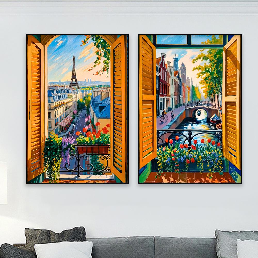 Paris Travel Print Poster Open Window Parisian View Prints Henri Matisse Style Eiffel Tower French Landscape Canvas Painting