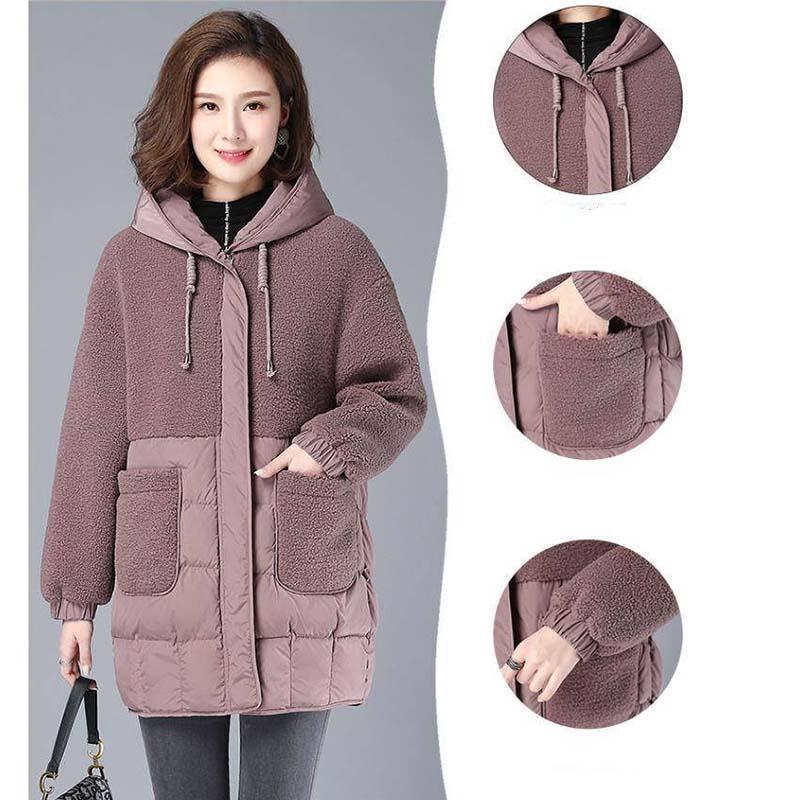 Зимняя женская мода свободная толстая теплая хлопковая куртка с капюшоном теплая парка средней длины из овечьей шерсти