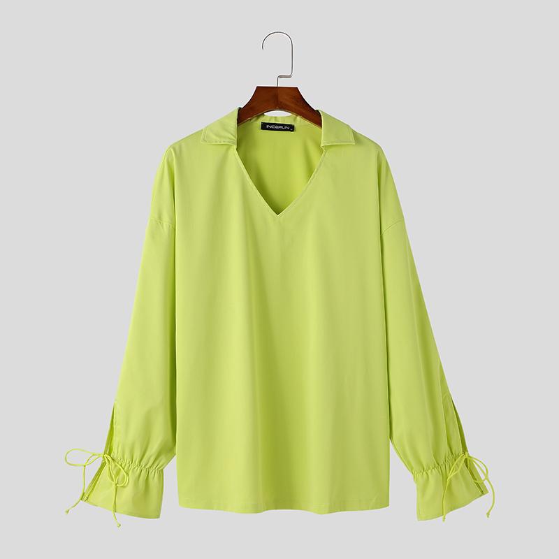 INCERUN Men V Neck Long Drawstring Sleeve Solid Color Casual Shirts Tops