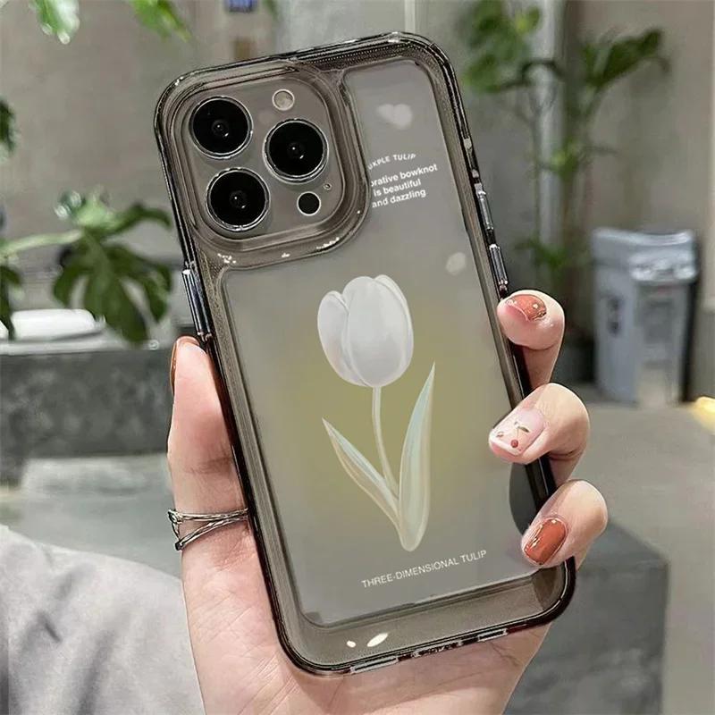 Чехол для телефона Тюльпан для iPhone 16e 13 11 12 14 15 17 Air 16 Pro Max 7 8 15 Plus Противоударный Прозрачный Чехол Силиконовый Fundas