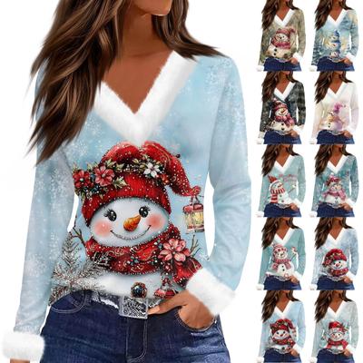 Женский модный повседневный топ с V-образным вырезом и длинными рукавами, рождественским принтом и плюшевым воротником