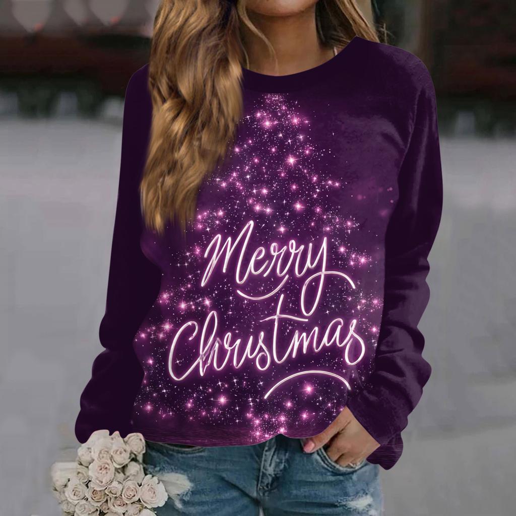 Women's Fashion Casual Long Sleeve Christmas Printed Neck Sweatshirt Top