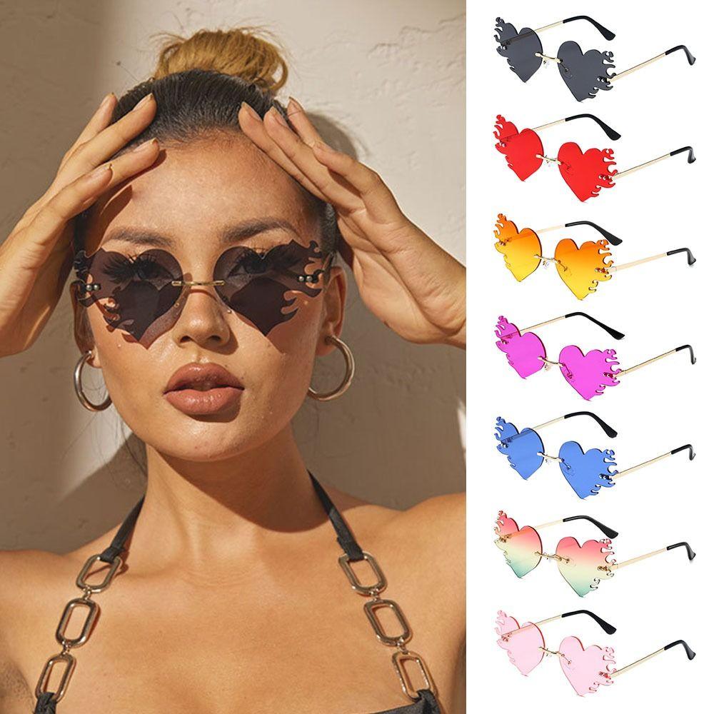 Rimless Fire Heart Shaped Sunglasses Uv400 Protection Glasses Costume Accessories Halloween Glasses Party Eyewear For Women Men