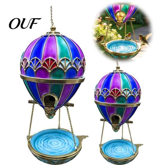 Outdoor Bird Water Station Stained Glass Hot Air Balloon Feeder Fountain, Hanging with Fountain Iridescent Garden Accent Tray, Vintage Bronze