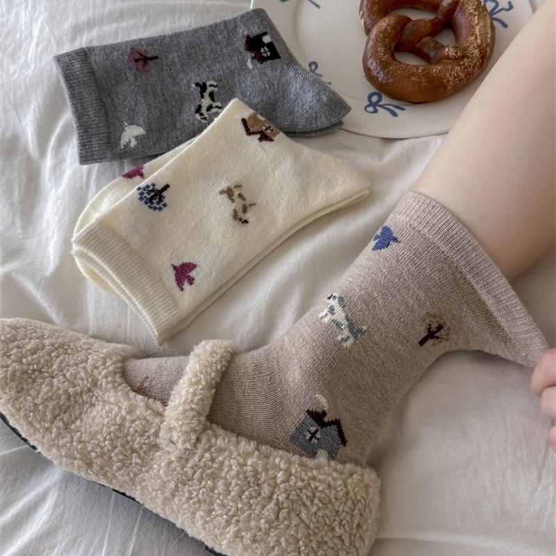 Ladies Autumn Winter Thickened Warm Cartoon Animal Cute Dog Wool Drum Pile Socks