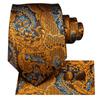 Hi-Tie Mens Silk Tie Gold Paisley Necktie Handkerchief Cufflinks Set for Business