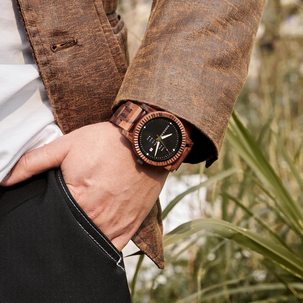 BOBO BIRD Мужские деревянные часы с аналоговым кварцевым механизмом, отображением дня и даты, легкие мужские наручные часы ручной работы из дерева (черный)