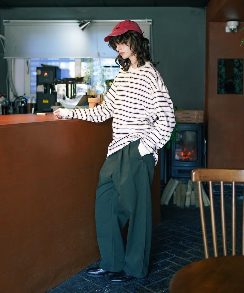 PUNCHLINE Roy Stripe Long Sleeve T-Shirt Cream Ivory Nslt9192
