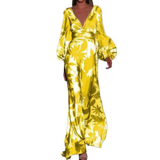 Ladies Dress Long Lantern Sleeve Deep V Neck High Waist Contrast Color Flower Print Big Hem Prom Banquet Cocktail Maxi Dress