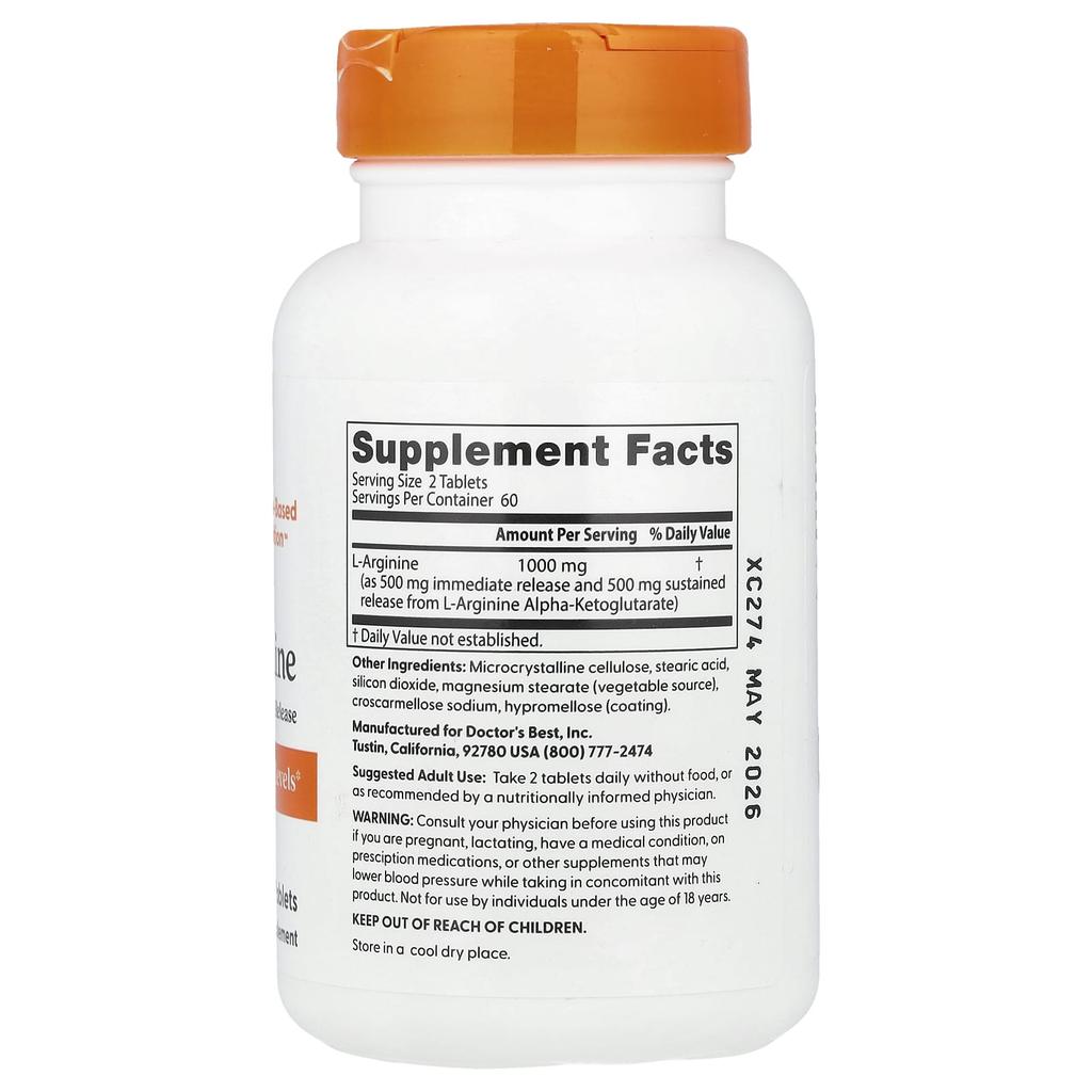 Doctor's Best, l-arginine, 1,000 mg, 120 double-layer tablets (500 mg per tablet)