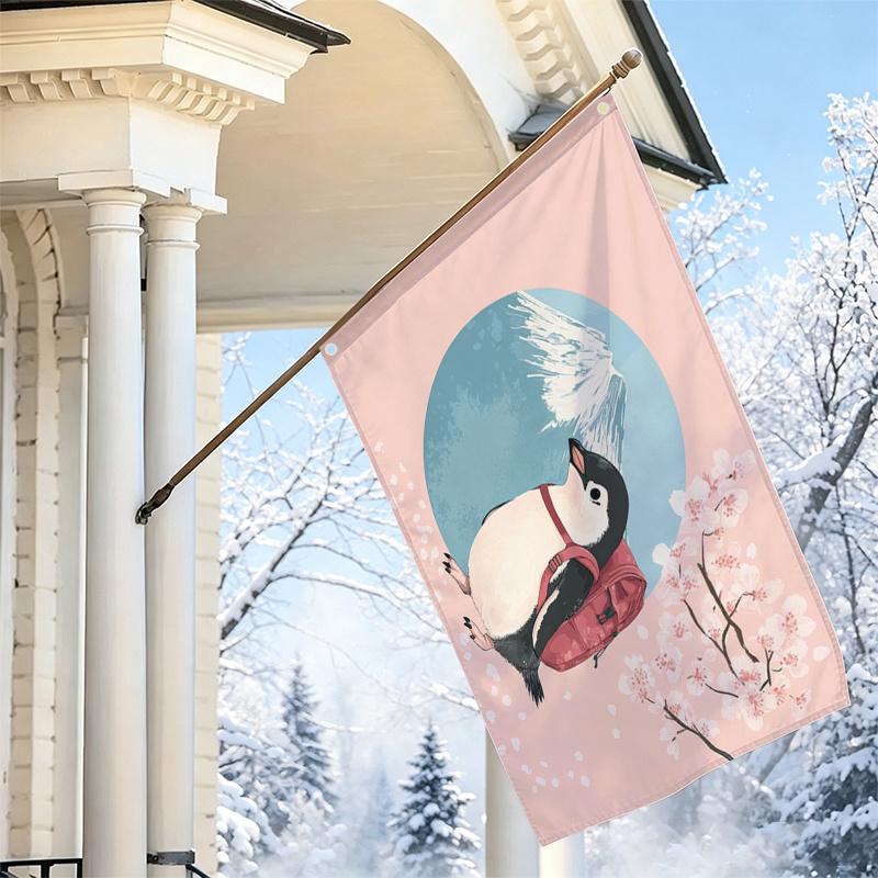 2D Flat, 1pc 2D Flat Decorative Flag, Penguin with Backpack and Cherry Blossom Mount Fuji Pattern Flag, Japanese Style Fresh Art Hanging Flag, Home Li