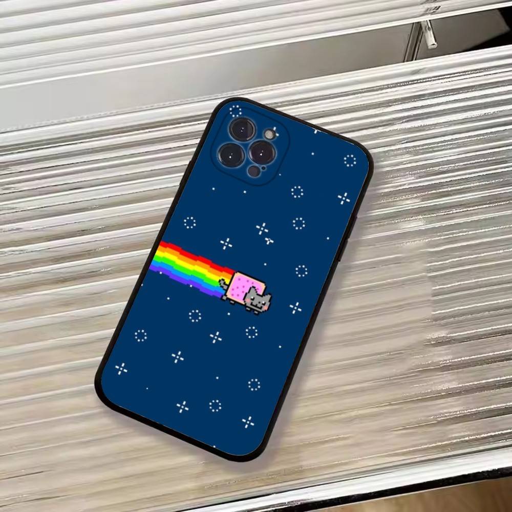 Милый Чехол для Телефона N-Nyan Cat Для iPhone 17,16,15,14,13,12,11 Plus,Pro Max,XS,Мягкий Силиконовый Черный Чехол