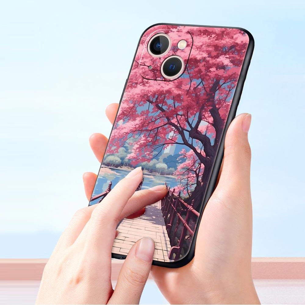 Розовый чехол с цветами сакуры на весну для iPhone 17 16 15 Pro Max 11 12 13 14 7 8 Plus SE 2020 X XR XS Мягкий черный
