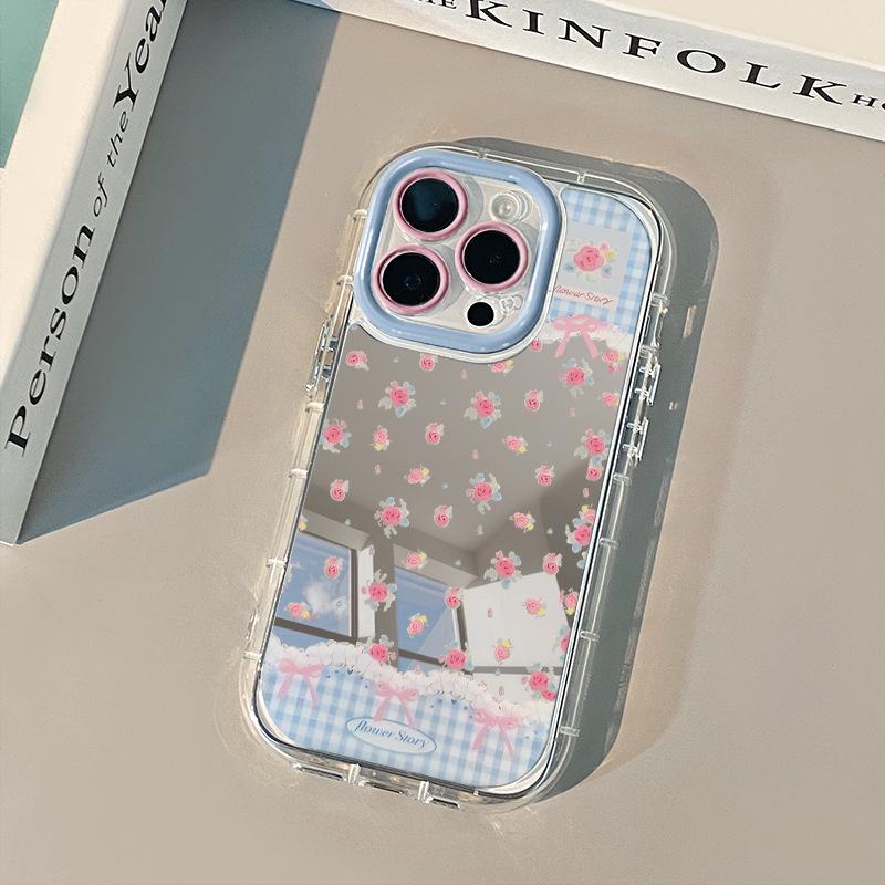 Клетчатый цветочный зеркальный кремовый чехол для iPhone 17 Pro Max/16/15/14