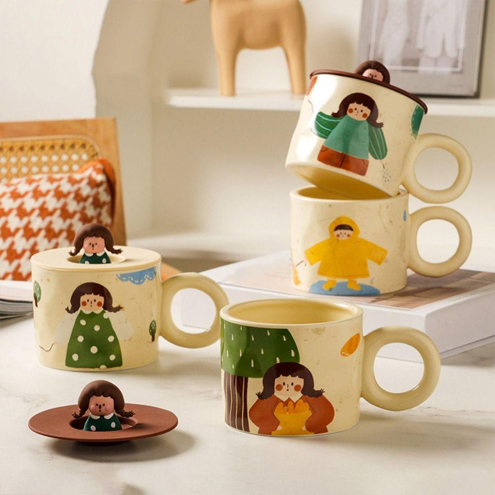 Handpainted Cartoon Ceramic Coffee Mugs 420ml Capacity Retro Style Tableware  Breakfast Dining