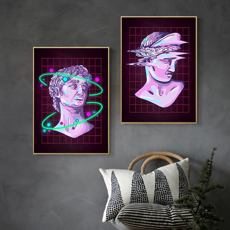 Неоновый эффект Vaporwave Glitch Скульптура Плакаты Печать Холст Картина Абстрактная настенная художественная картина для современной гостиной Домашний декор