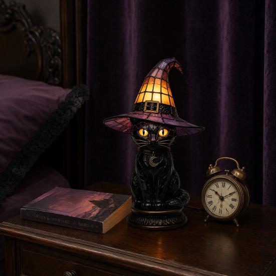 Witch Hat Lamp Stained Witch Hat LED Light Halloween Table Lamp with Warm Glow