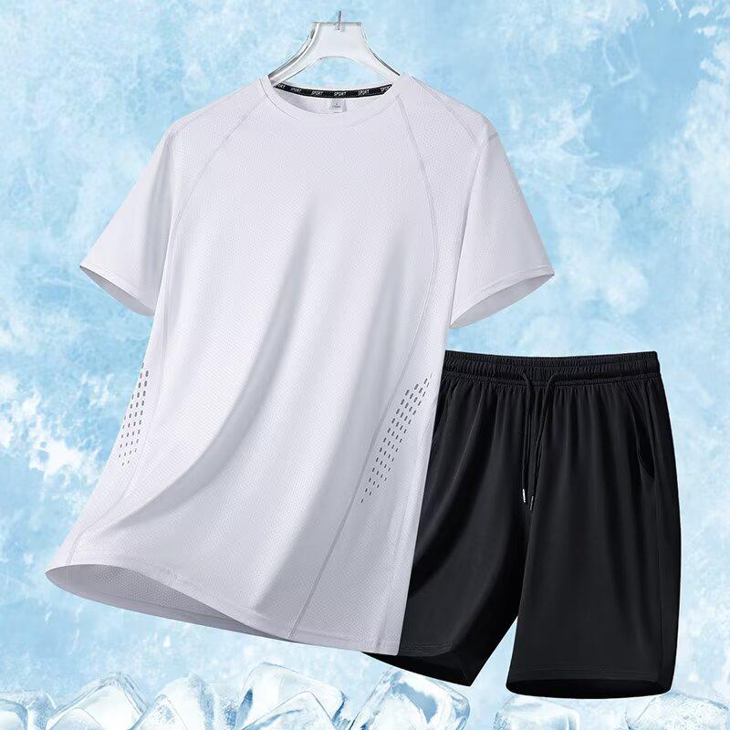 Premium Plus Size Ice Silk Sportswear Set for Men & Women: Quick-Dry T-Shirt & Shorts for Summer Fitness
