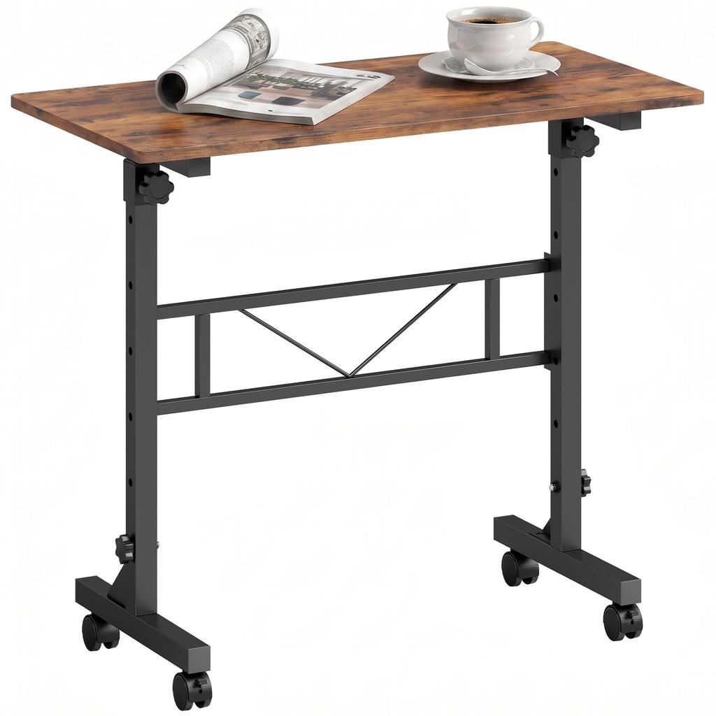 Overbed Table Adjustable Height Sofa Side Table with Wheels 80 x 40 cm Rustic Brown Black