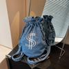Embroidered Drawstring Bucket Bag Women's Denim Multi-Purpose Shoulder Bag