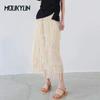 Women Tassel Splicing Pleated Skirt Elegant Elastic Waist All Match A-line Long Skirts