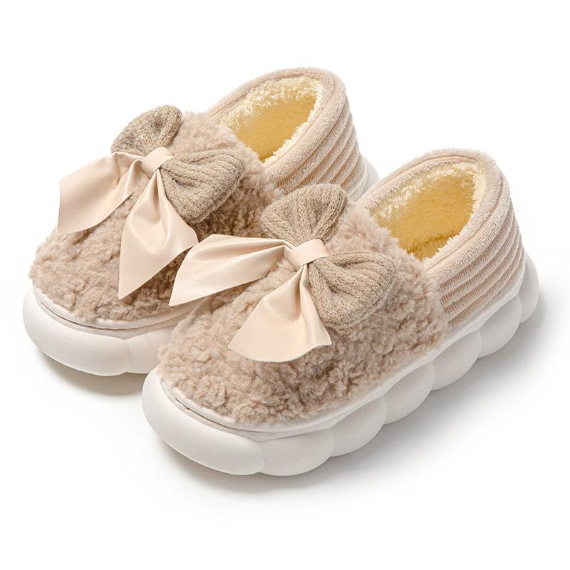 Тапочки из хлопка с бантом, новые туфли для женщин, домашняя обувь на осень-зиму, теплые повседневные меховые тапочки, туфли без застежек на мягкой подошве из хлопка