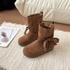 Fashion Retro Style Bow Short Boots Women's Autumn and Winter Design Sense Lace-up Single Boots with Skirt Solid Color Martin Boots