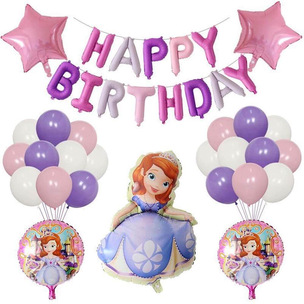 Sofia the First Birthday Decorations for Princesses, Kids, Girls, Purple, Cute, Beautiful, Happy Birthday Garland, Balloons, Star Balloons, Set of 26