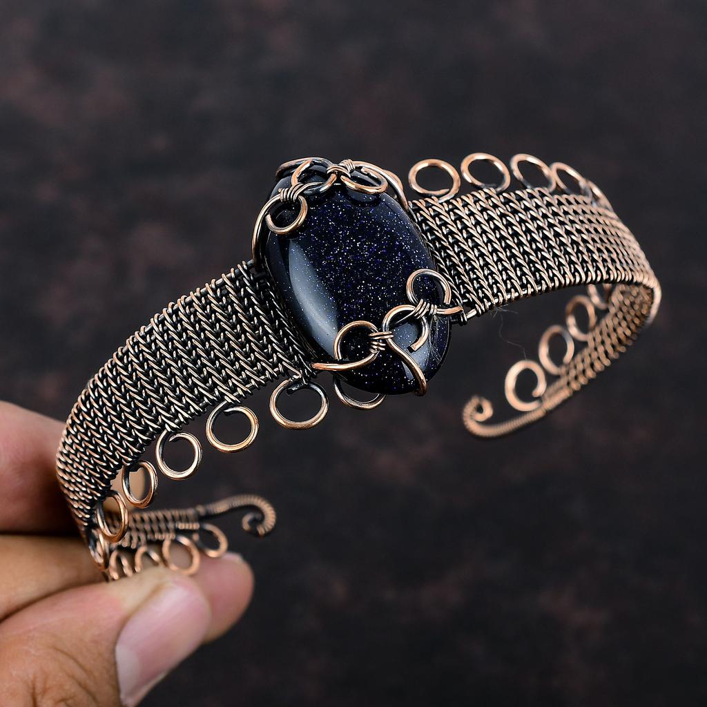 Синий браслет из солнечного камня, браслет-манжета с медной проволокой, ювелирные изделия из драгоценных камней, регулируемый браслет-манжета, браслет с медной проволокой, ювелирные изделия ручной работы