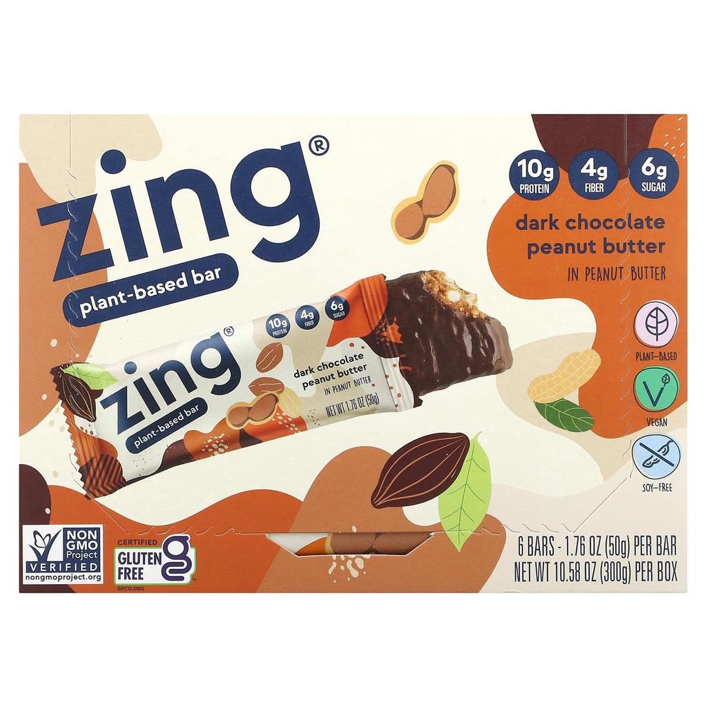 Zing Bars Vegan Bars, Peanut Butter Dark Chocolate Peanut Butter, 6 Bars, 1.74 Oz (50 G) Each
