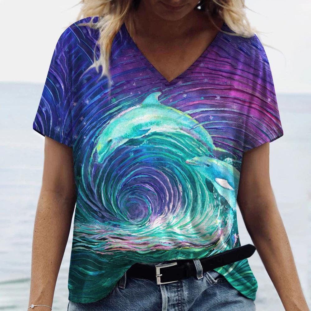 Женская футболка с V-образным вырезом и 3D-принтом в виде дельфина. Модная футболка с короткими рукавами и принтом.
