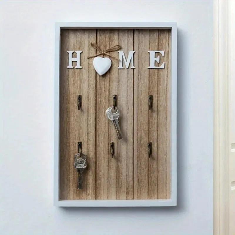 1pc Wooden Metal Key Hook Board Home Wall Decoration Living Room Entrance Storage Rack