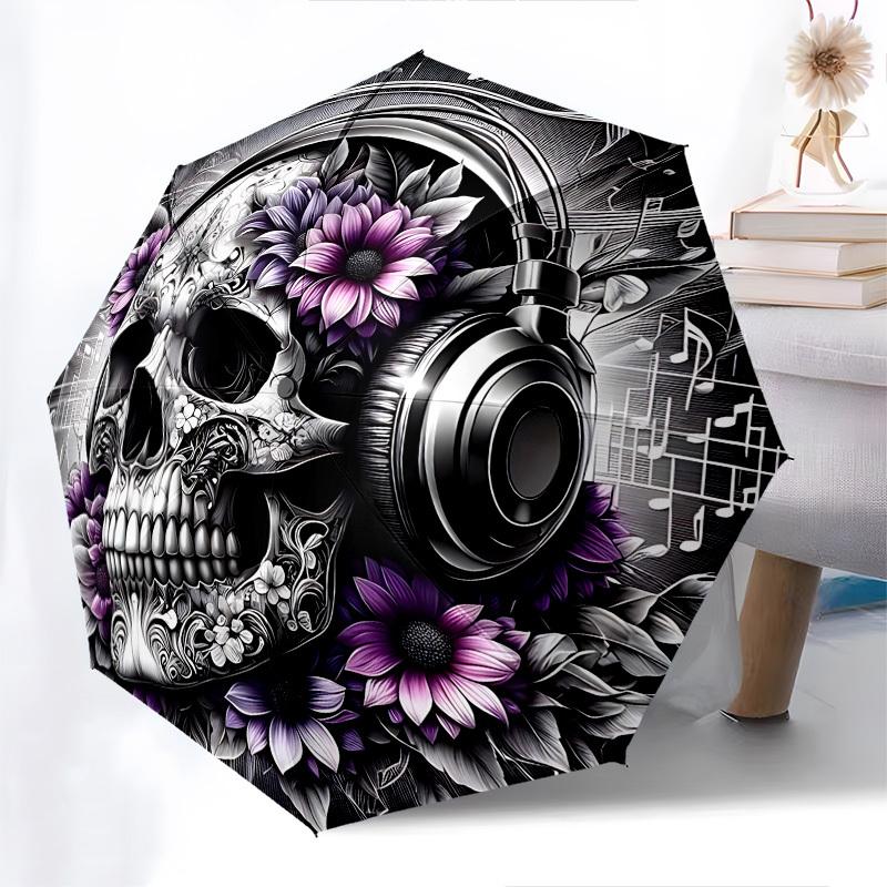 Skull,Music Automatic Folding Umbrella Compact 8 rib Design,Unique Style,Suitable for Everyday Outdoor Use,Perfect Gift for Friends an