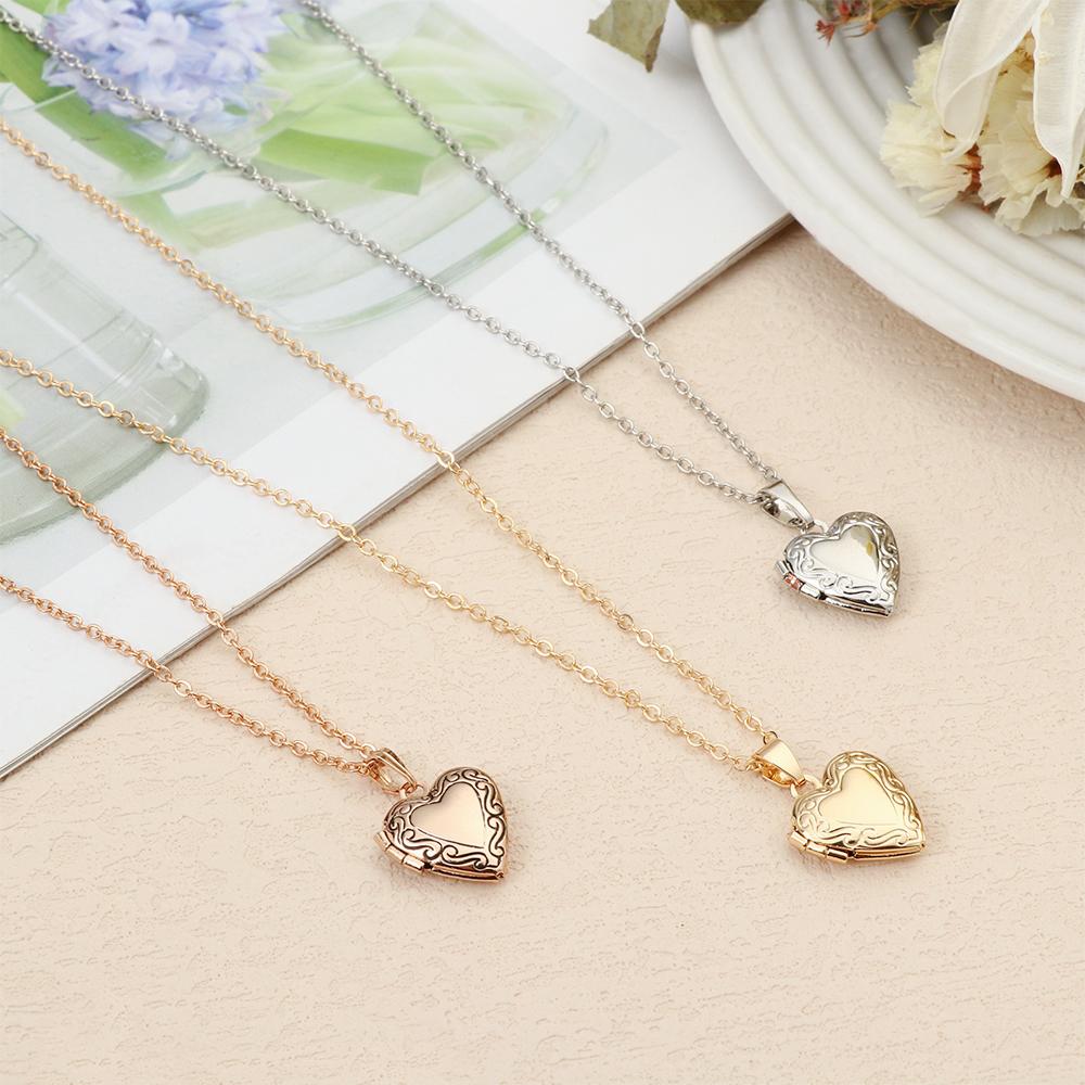 Lover Chain Jewelry Forever and Always Carved Heart Shaped Pendant Photo Picture Locket Necklace