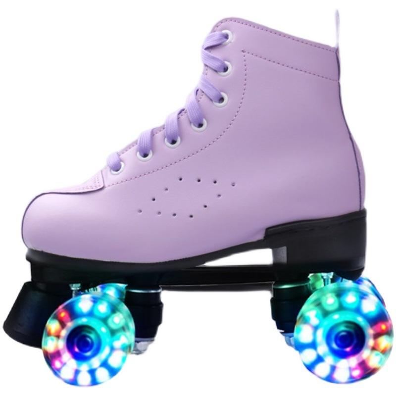 Adult Men's and Women's Double Rows of Leather Models Green Skates Four Roller Skates Pink Purple Flash Wheel Double Rows of Roller Skates