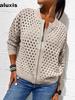 Новый женский повседневный кардиган-свитер с молнией и ажурной вязкой