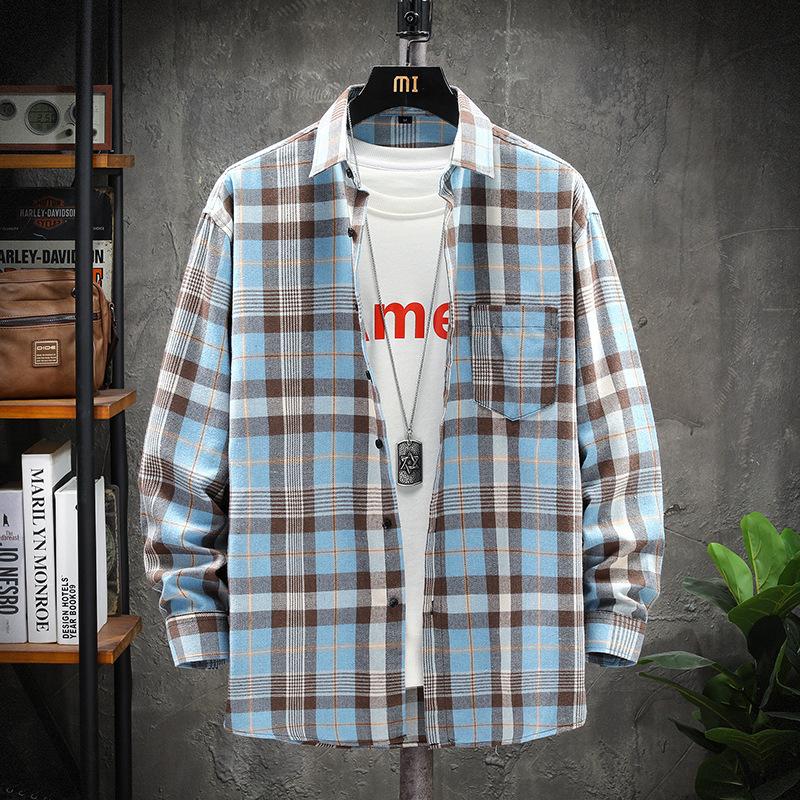 Мужская клетчатая рубашка с длинными рукавами в гонконгском стиле, модная повседневная рубашка со свободными лацканами, мужской топ