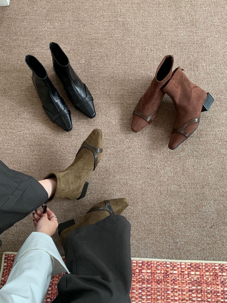 Square head suede trousers boots women's autumn and winter new niche design thick heel rear zipper short boots