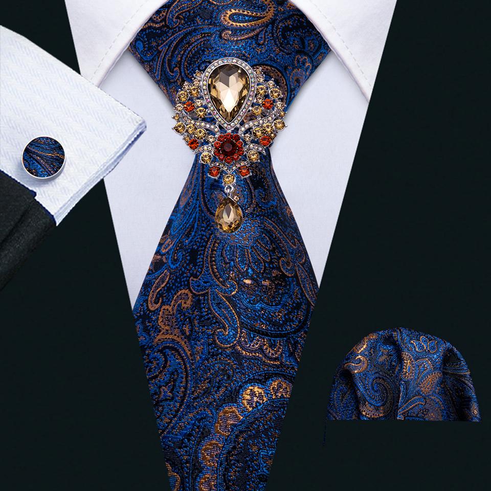 Barry.Wang Paisley Tie with Brooch for Men Wedding Formal Silk Necktie Hanky Cufflink Set