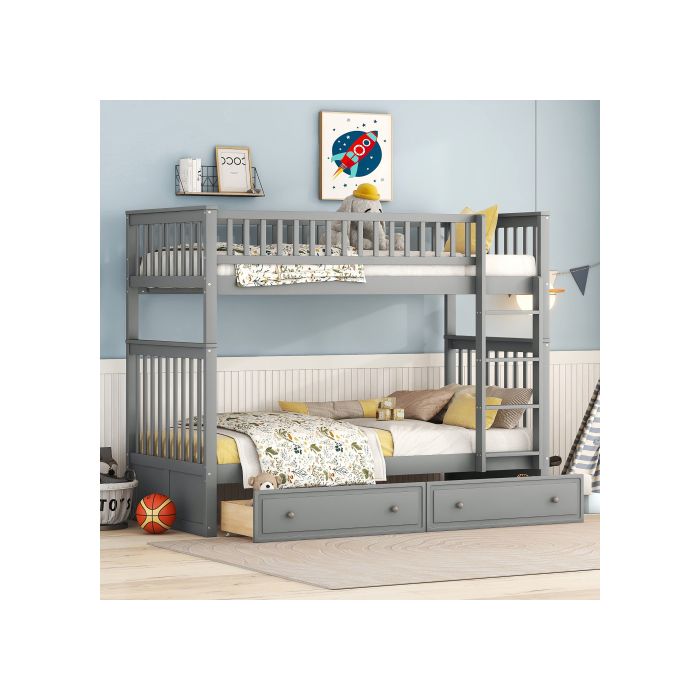 Двухъярусная кровать - MUVOE - 90x200см - Серая - С ящиками - Трансформируется в диван-кровать