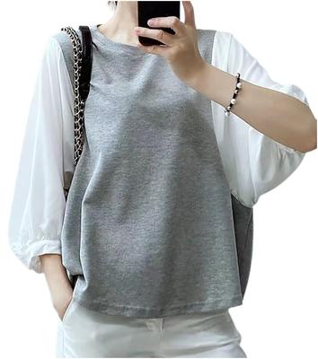 Chunachi Long Puff Puff XL Повседневный Свободный Многослойный Топ из Смешанных Материалов, Рукав 3/4, Прозрачный, Рукав, Шифон, Повседневный, Весна/Осень, Рукава, Милый,