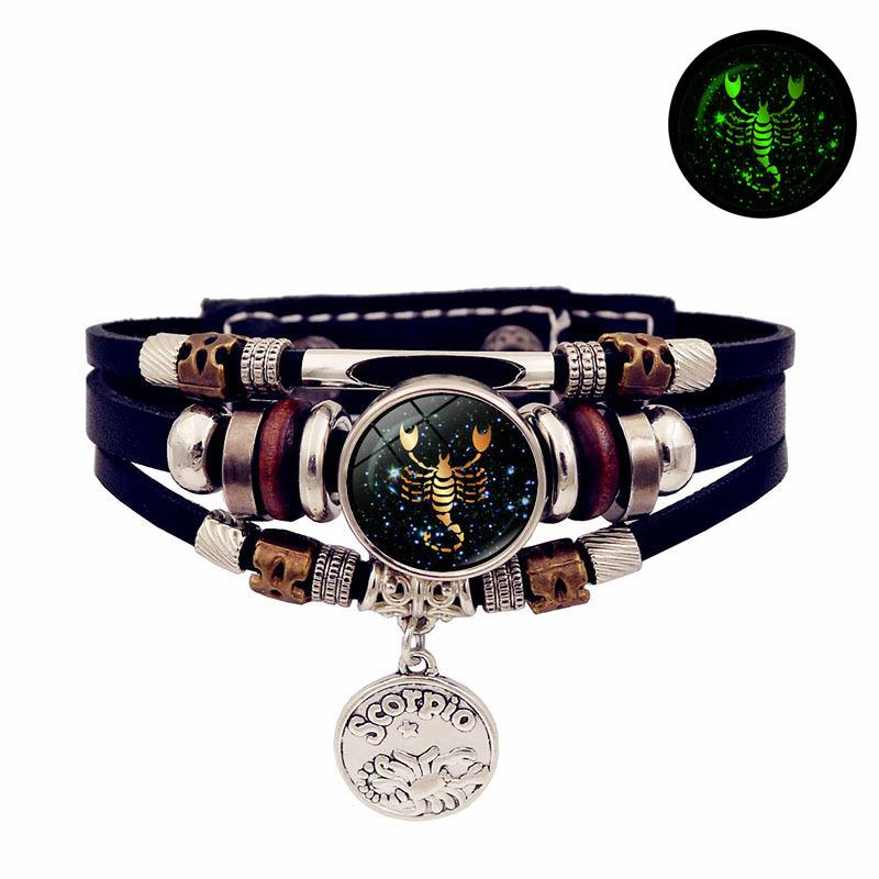 12 Constellations Multi Layers Leather Cuff Chain Bracelet Jewelry for Women Men Birthday Valentines