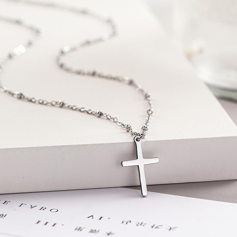 Huitan Simple Cross Pendant Necklace for Women Stainless Steel Party Fashion Daily Versatile Chain with Bead Wedding JewelryGood product