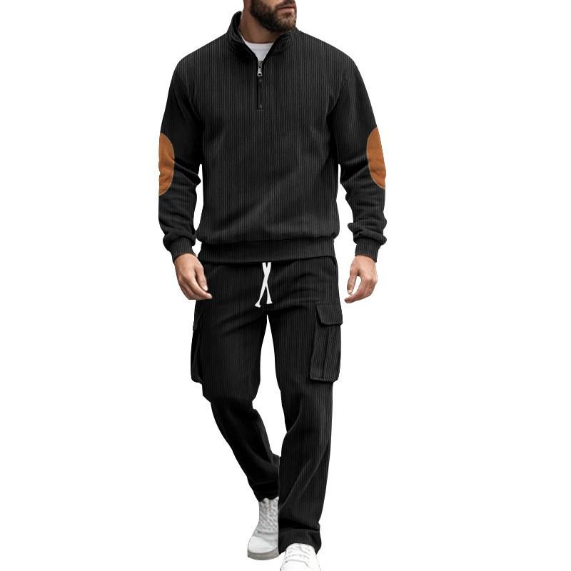 Mens Corduroy Half-Zip Stand Collar Long Sleeve Casual Set Winter Lightweight Urban Outfit