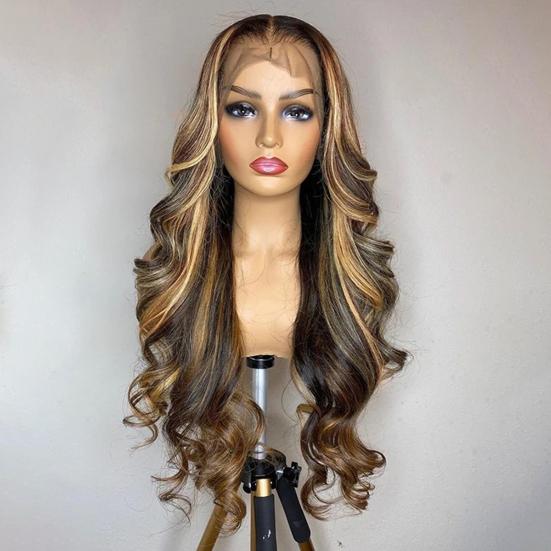 Women Long Curly Wig Middle Part Natural Looking Silky Heat Resistant High Temperature Fiber Ladies Gradient Color Front Lace Synthetic Hair