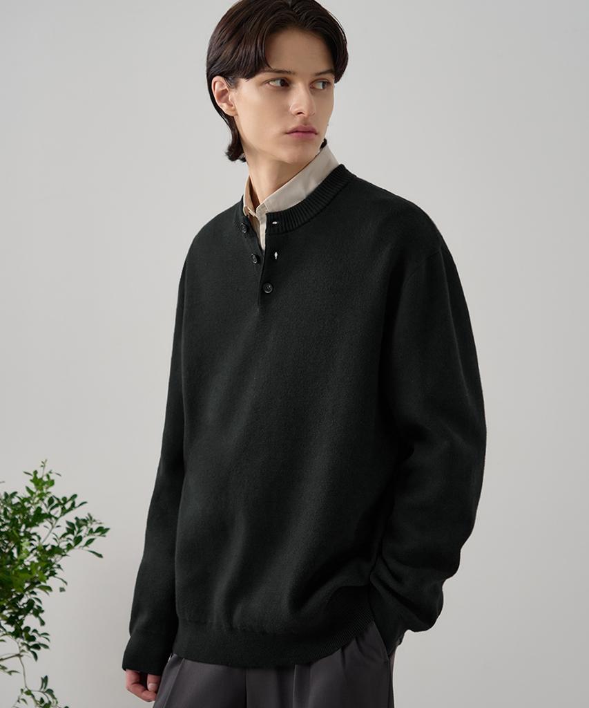 DRAW FIT Soft Essential Henley Neck Knit [Black]