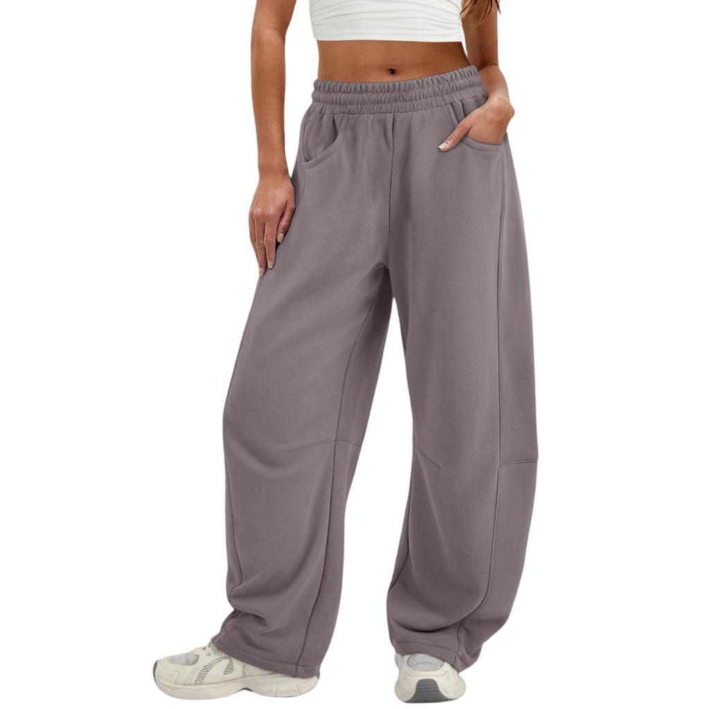 Women's Fashionable Solid Color Elastic Waist Pocket Casual Sweatpants Pants