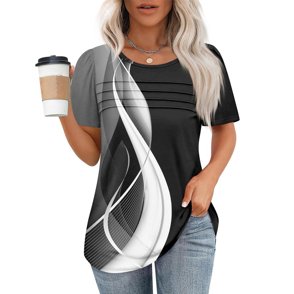 T Shirts For Women Pleated Round Neck Dressy Casual Blouses Printing Short Sleeve Summer Tops Loose Fit